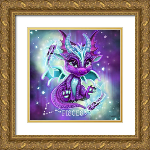 Zodiac Lil Dragonz Pisces Gold Ornate Wood Framed Art Print with Double Matting by Sheena Pike Art