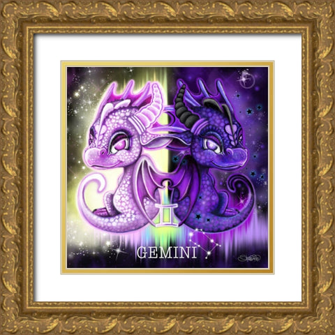 Zodiac Lil Dragonz Gemini Gold Ornate Wood Framed Art Print with Double Matting by Sheena Pike Art