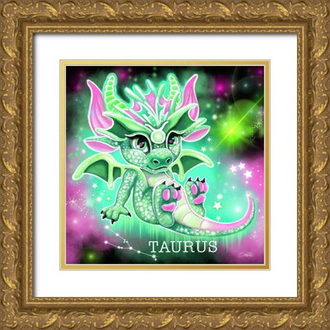 Zodiac Lil Dragonz Taurus Gold Ornate Wood Framed Art Print with Double Matting by Sheena Pike Art