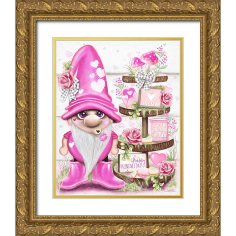 Lil Gnomez Pink Valentine Gold Ornate Wood Framed Art Print with Double Matting by Sheena Pike Art