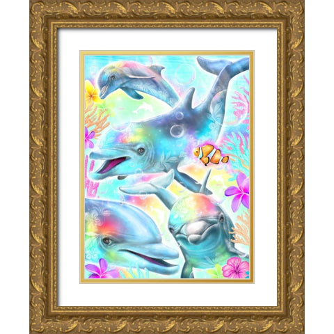 Daydream Rainbow Dolphins Gold Ornate Wood Framed Art Print with Double Matting by Sheena Pike Art