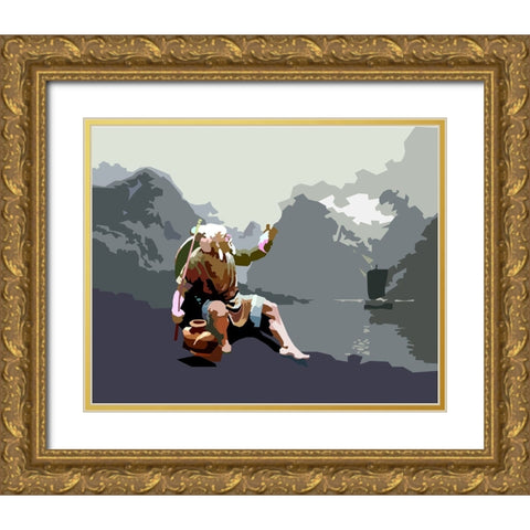 Old Fisherman Gold Ornate Wood Framed Art Print with Double Matting by Pansanit, Surapol