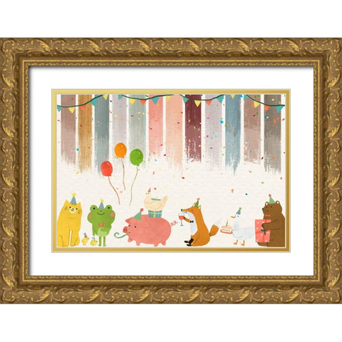 Party Animals Gold Ornate Wood Framed Art Print with Double Matting by The Font Diva