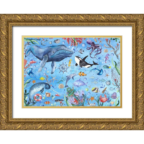 Deep Blue Sea Gold Ornate Wood Framed Art Print with Double Matting by The Font Diva