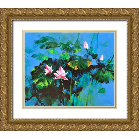 Lily Pond Gold Ornate Wood Framed Art Print with Double Matting by Leung, Thomas