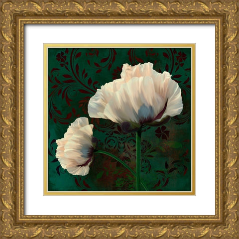 Poppies In Verdigris And Rust Gold Ornate Wood Framed Art Print with Double Matting by Lavoie, Tina