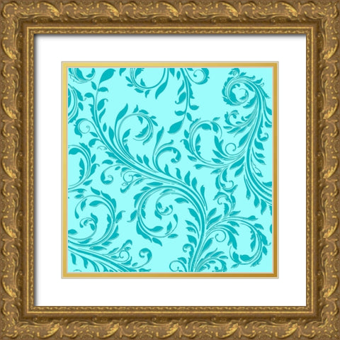 Aqua Teal Damask Gold Ornate Wood Framed Art Print with Double Matting by Lavoie, Tina