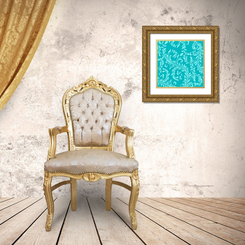 Teal Aqua Damask Gold Ornate Wood Framed Art Print with Double Matting by Lavoie, Tina