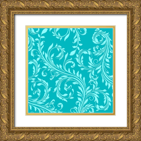 Teal Aqua Damask Gold Ornate Wood Framed Art Print with Double Matting by Lavoie, Tina