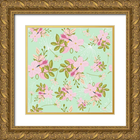 Pink Mint Floral Pattern Gold Ornate Wood Framed Art Print with Double Matting by Lavoie, Tina