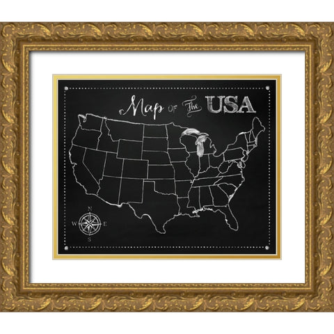 Chalkboard US Map Gold Ornate Wood Framed Art Print with Double Matting by Lavoie, Tina