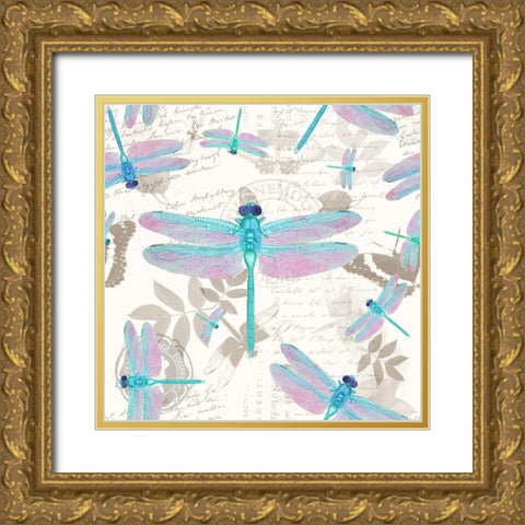 Vintage Botanicals Dragonfly Pattern Aqua Gold Ornate Wood Framed Art Print with Double Matting by Lavoie, Tina