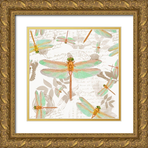 Vintage Botanicals Dragonfly Pattern Copper Gold Ornate Wood Framed Art Print with Double Matting by Lavoie, Tina