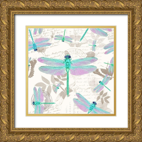Vintage Botanicals Dragonfly Pattern Green Gold Ornate Wood Framed Art Print with Double Matting by Lavoie, Tina