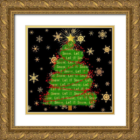 Let It Snow Christmas Tree Black Gold Ornate Wood Framed Art Print with Double Matting by Lavoie, Tina