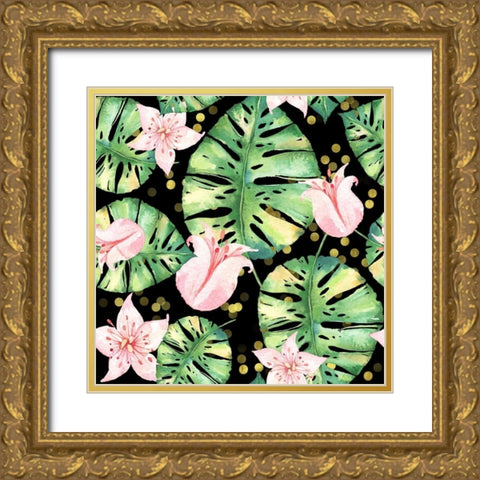 Tropical Monstera Floral Pattern Gold Ornate Wood Framed Art Print with Double Matting by Lavoie, Tina