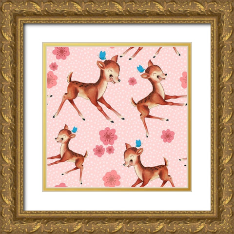Cute Baby Deer Pattern Gold Ornate Wood Framed Art Print with Double Matting by Lavoie, Tina