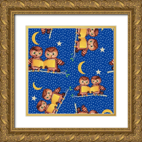Cute Baby Owls Starry Night Pattern Gold Ornate Wood Framed Art Print with Double Matting by Lavoie, Tina