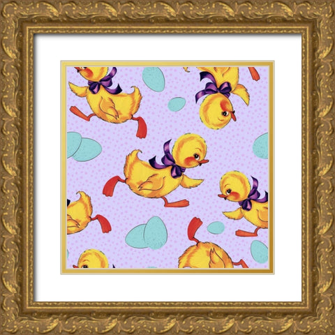 Cute Ducking Pattern Gold Ornate Wood Framed Art Print with Double Matting by Lavoie, Tina