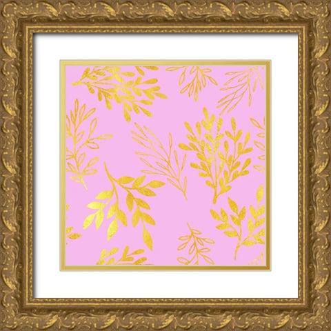 Golden Leaves on Pink Pattern Gold Ornate Wood Framed Art Print with Double Matting by Lavoie, Tina