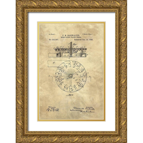 Hurdy-Gurdy Water Wheel blueprint - Industrial Farmhouse Gold Ornate Wood Framed Art Print with Double Matting by Lavoie, Tina