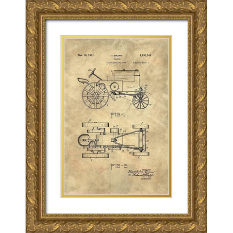 Tractor Blueprint - Industrial Farmhouse Gold Ornate Wood Framed Art Print with Double Matting by Lavoie, Tina
