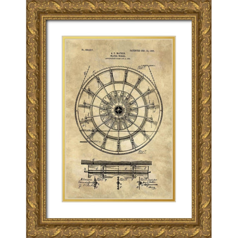 Water Wheel Blueprint Industrial Farmhouse Gold Ornate Wood Framed Art Print with Double Matting by Lavoie, Tina
