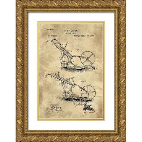 Garden Plow Blueprint Industrial Farmhouse Gold Ornate Wood Framed Art Print with Double Matting by Lavoie, Tina