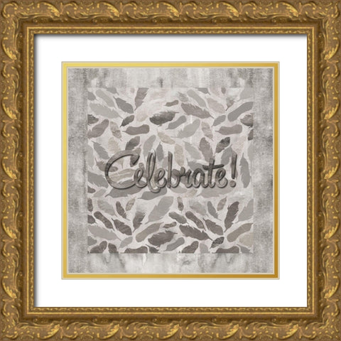 Gray Feathers Celebrate Gold Ornate Wood Framed Art Print with Double Matting by Lavoie, Tina