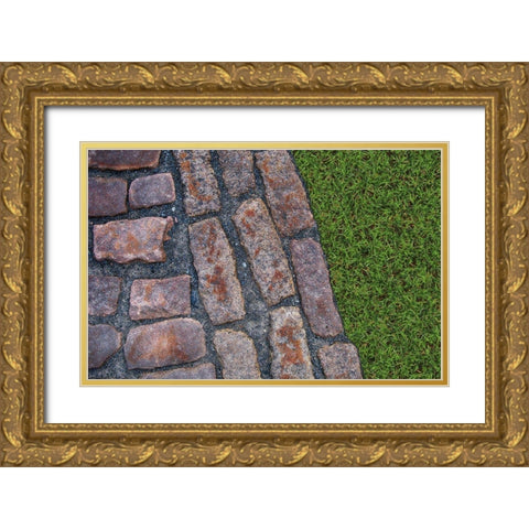Old Montreal Cobblestones and Grass 01 Gold Ornate Wood Framed Art Print with Double Matting by Lavoie, Tina