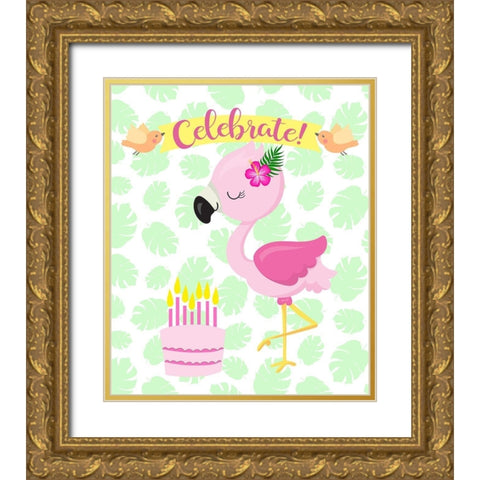 Flamingo Celebrate Gold Ornate Wood Framed Art Print with Double Matting by Lavoie, Tina