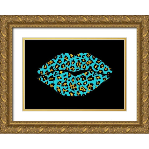 Aqua Leopard Lips Gold Ornate Wood Framed Art Print with Double Matting by Lavoie, Tina