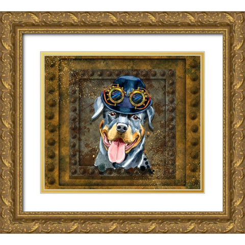 Steampunk Rotweiler Gold Ornate Wood Framed Art Print with Double Matting by Mitchell, Tina