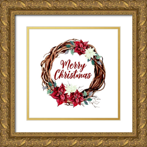 Merry Christmas Vine Wreath Gold Ornate Wood Framed Art Print with Double Matting by Mitchell, Tina
