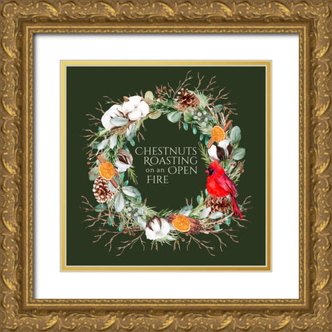 Christmas Chestnuts Roasting Wreath Gold Ornate Wood Framed Art Print with Double Matting by Mitchell, Tina