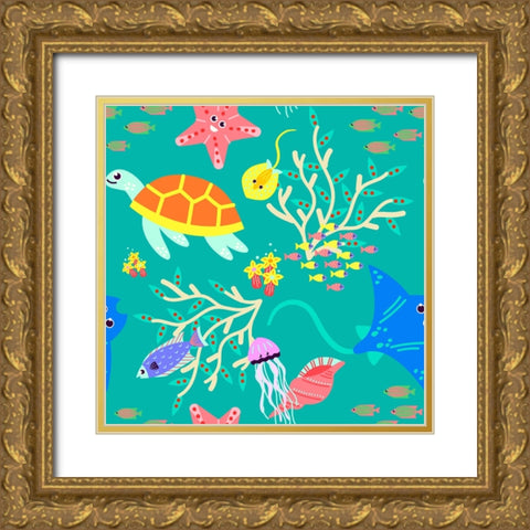 Underwater Sea Creatures Gold Ornate Wood Framed Art Print with Double Matting by Mitchell, Tina