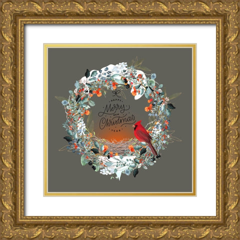 Merry Christmas Happy New Year Wreath Gold Ornate Wood Framed Art Print with Double Matting by Mitchell, Tina