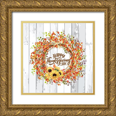 Happy Thanksgiving Bittersweet Wreath Gold Ornate Wood Framed Art Print with Double Matting by Mitchell, Tina