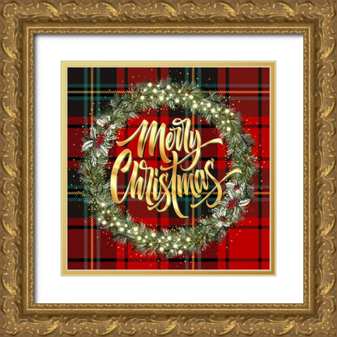 Merry Christmas Golden Wreath Gold Ornate Wood Framed Art Print with Double Matting by Mitchell, Tina