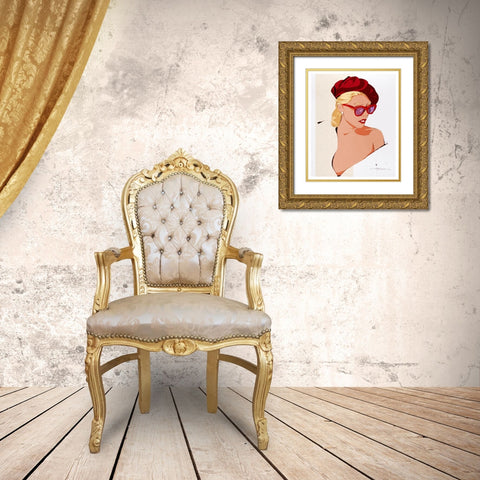 Ruby Beret Gold Ornate Wood Framed Art Print with Double Matting by TMBorenstein