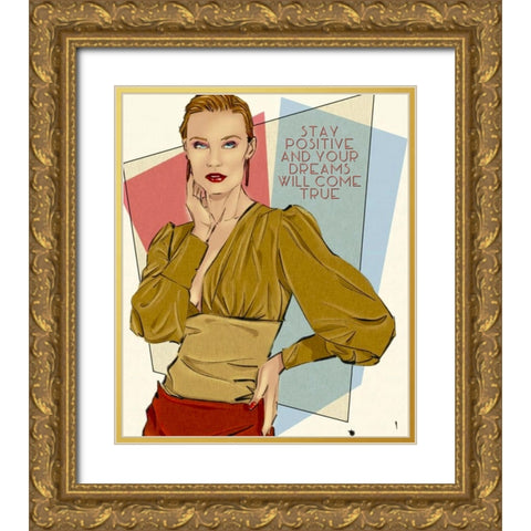 49 Stay Positive Gold Ornate Wood Framed Art Print with Double Matting by TMBorenstein