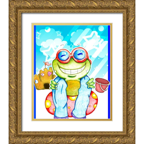 Summer Froggy Gold Ornate Wood Framed Art Print with Double Matting by Wade, Valarie