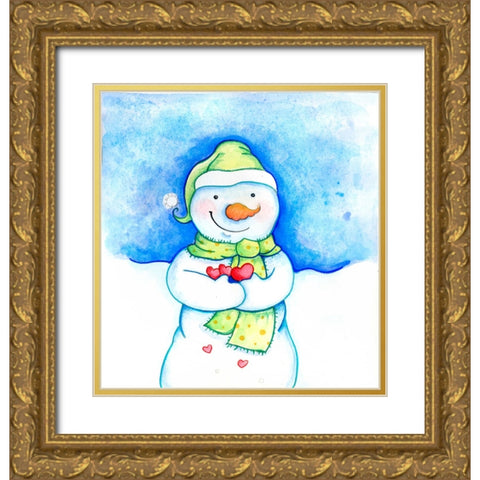 Snowman Holding Hearts Gold Ornate Wood Framed Art Print with Double Matting by Wade, Valarie
