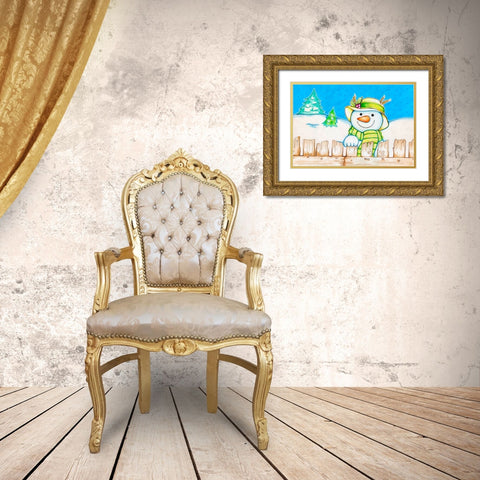 Snowman Fence Gold Ornate Wood Framed Art Print with Double Matting by Wade, Valarie