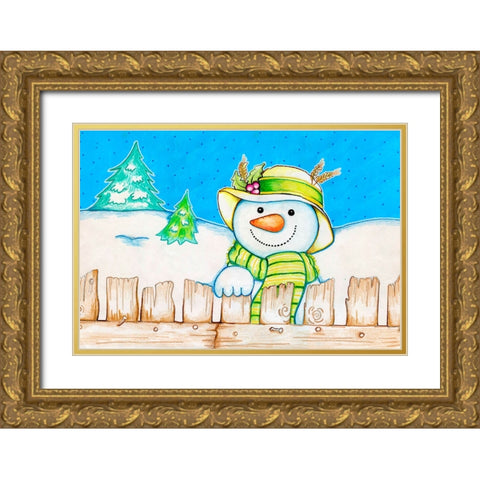 Snowman Fence Gold Ornate Wood Framed Art Print with Double Matting by Wade, Valarie