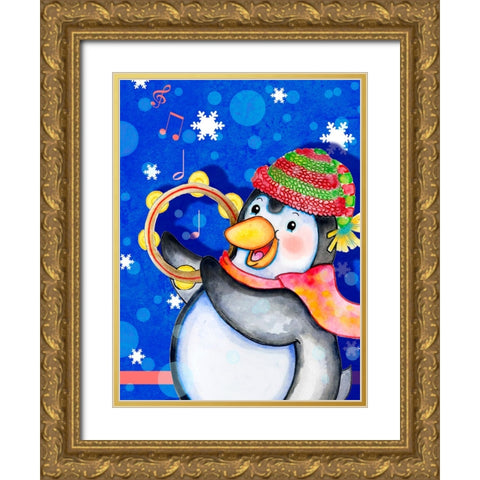 Penguin Tambourine Gold Ornate Wood Framed Art Print with Double Matting by Wade, Valarie