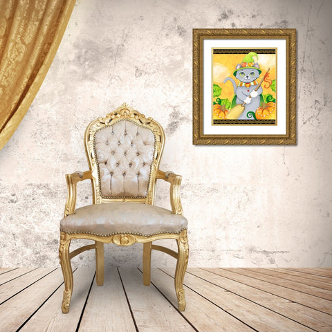 Witchy Cat Gold Ornate Wood Framed Art Print with Double Matting by Wade, Valarie