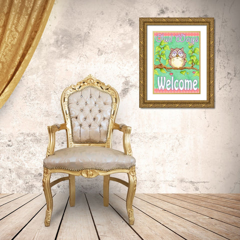 Owls Ways Welcome Gold Ornate Wood Framed Art Print with Double Matting by Wade, Valarie