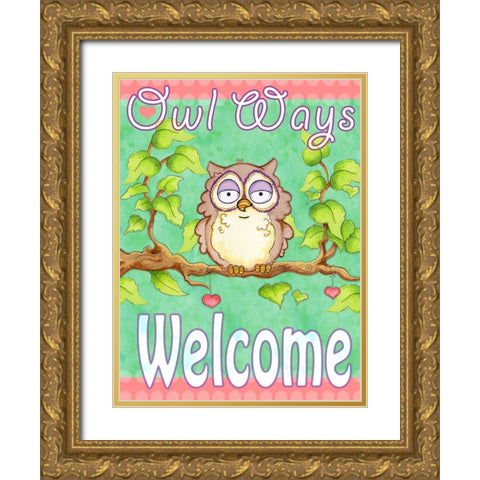 Owls Ways Welcome Gold Ornate Wood Framed Art Print with Double Matting by Wade, Valarie