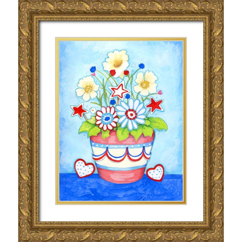 Red Flower Pot Gold Ornate Wood Framed Art Print with Double Matting by Wade, Valarie